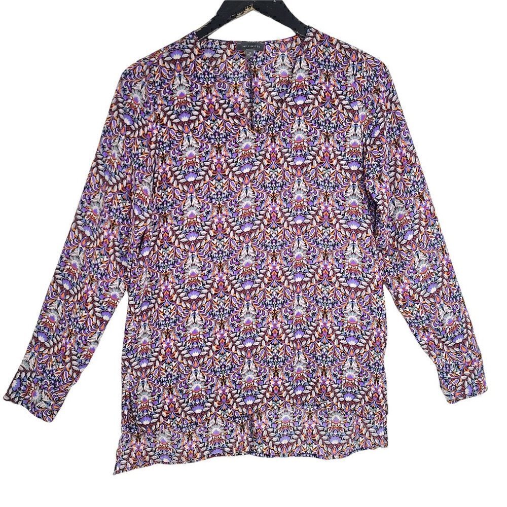 The Limited Purple Navy Paisley Art Deco V Neck Blouse Relaxed Fit